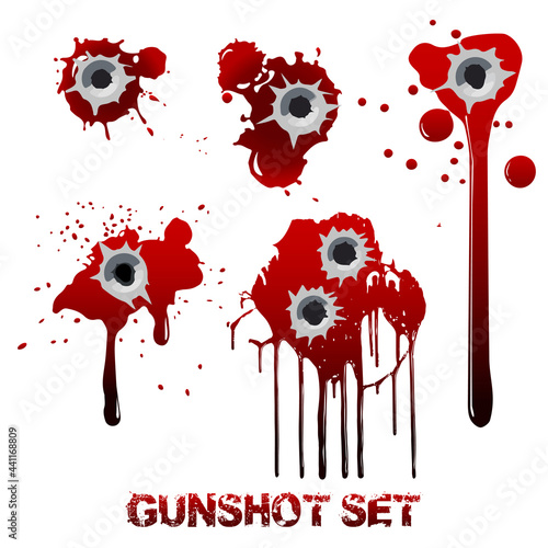 Set of bullet holes with blood in walls or body. Bloody stains, spatter and smudges. Vector illustration isolated on white background.