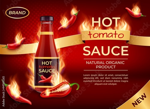 Realistic Detailed 3d Hot Tomato Sauce Ads Banner Concept Poster Card. Vector
