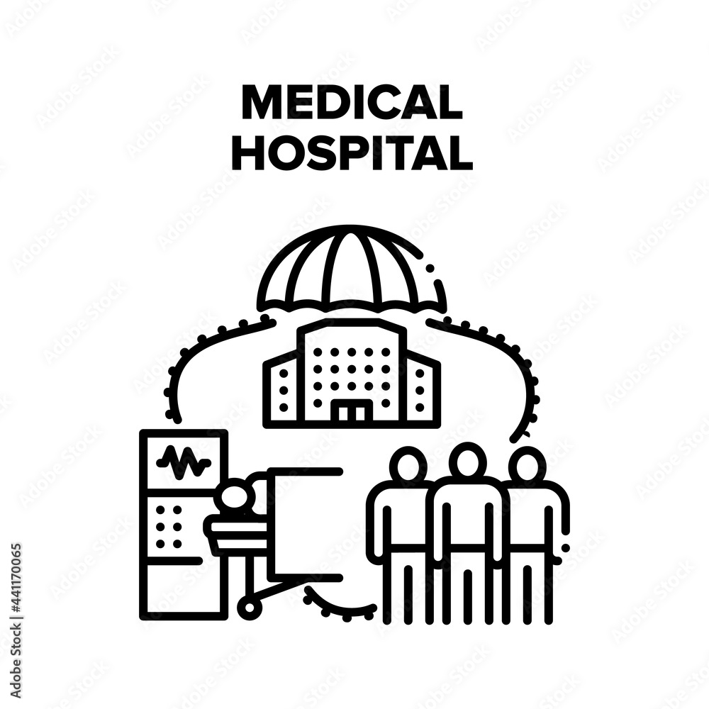 Medical Hospital Vector Icon Concept. Medical Hospital For Treatment Illness Patient And Emergency Help. Examining People Health And Treat Disease. Clinic Service Black Illustration