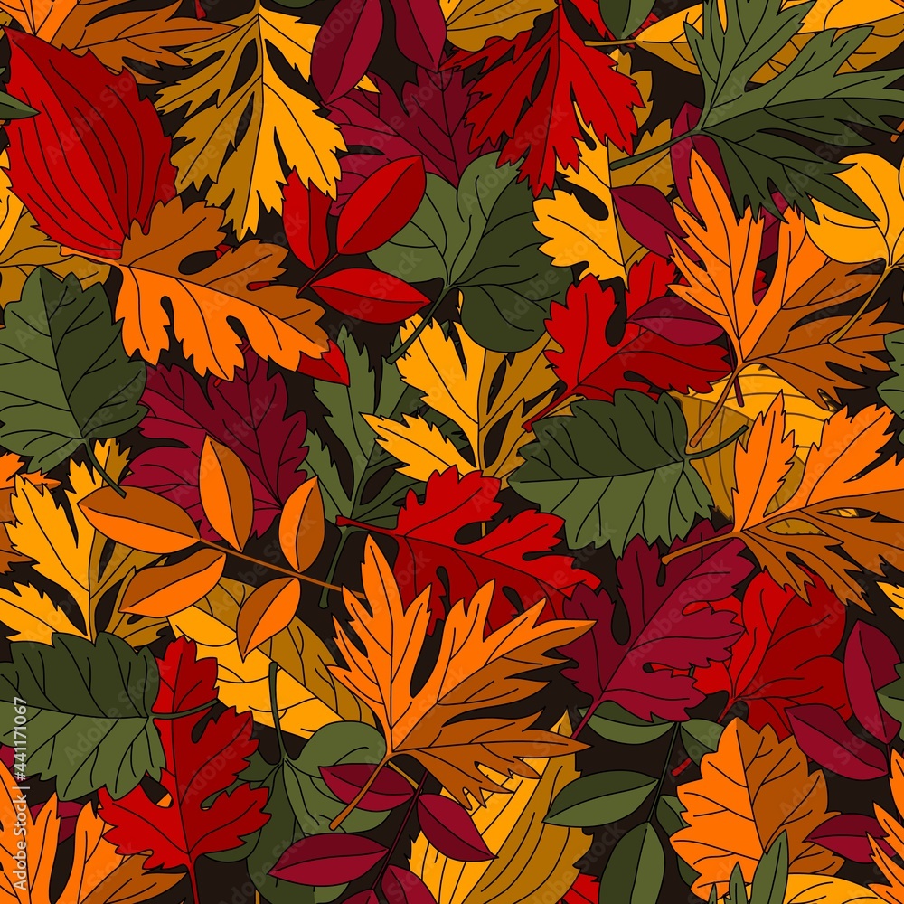 Pattern with overlapping colorful autumn leaves.