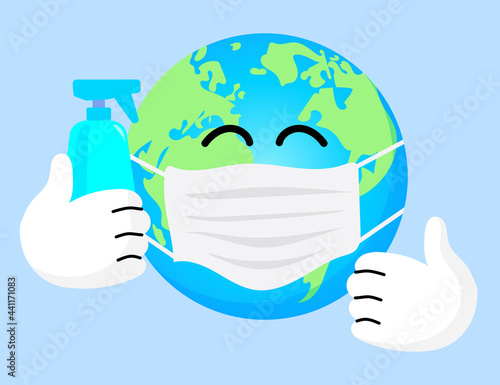 Cute Planet Earth cartoon character wearing a mask and holding a sanitizer spray. A vector mascot for global health, environmental protection, or saving the planet from virus and pollution.
