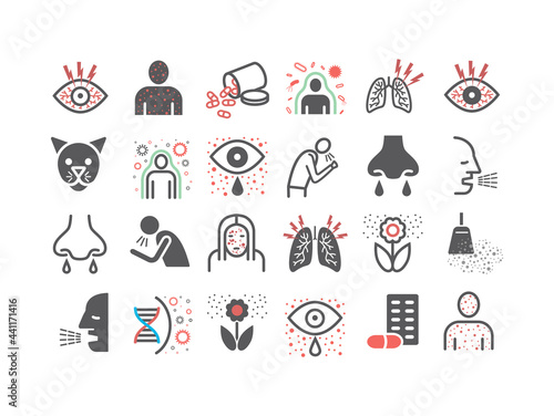 Allergy symptoms line end flat icons infographic. Vector sign for web graphic.