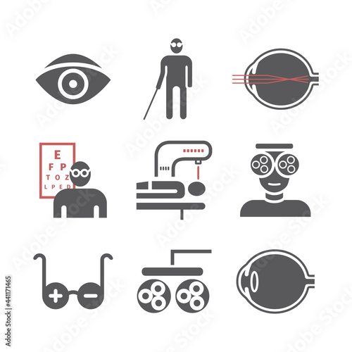 Myopia icons set. Vector illustration for websites, magazines, brochures. Medicine signs