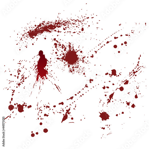 Set of realistic bloody splatters. Drop and blob of blood. Bloodstains. Isolated. Vector illustration isolated on white background. Red puddles	