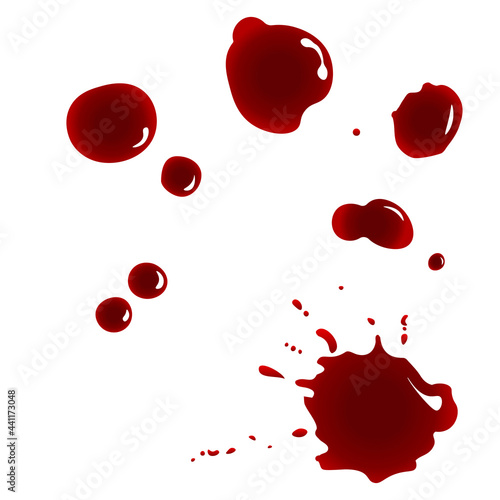 Set of realistic bloody splatters. Drop and blob of blood. Bloodstains. Isolated. Vector illustration isolated on white background. Red puddles	