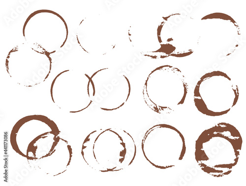 Coffee glass stains and spots. Vector ring and circle isolated on white background. Brown blemishes, splatters, stains, strips.