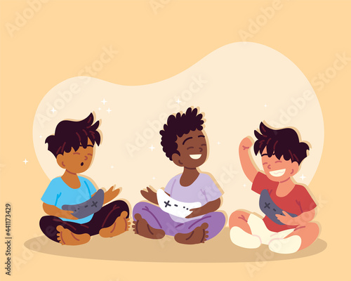happy kids with control video game