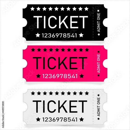 Pink, white and black tickets with number and tear-off line