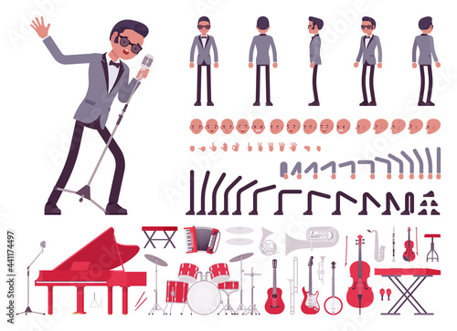 Musician, jazz, pop man singing, playing musical instruments, construction set. Synthesizer, grand piano, guitar, double bass, drums. Cartoon flat style infographic illustration, different emotions