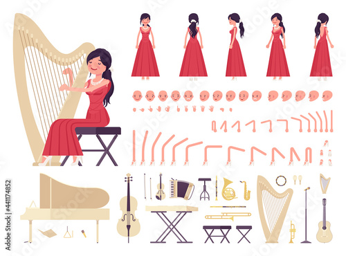 Musician, woman playing classical music, orchestra musical instruments, construction set. Harp, grand piano, guitar, violin, synthesizer. Cartoon flat style infographic illustration, different emotion