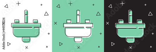 Set Washbasin with water tap icon isolated on white and green, black background. Vector