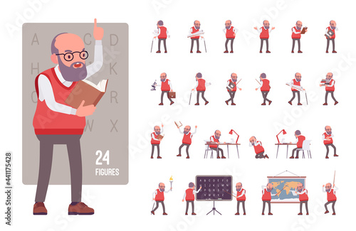 Old teacher, male senior professor, tutor character set, pose sequence. Experienced elderly school master, aged education supervisor. Full length, different views, gestures, emotions, position