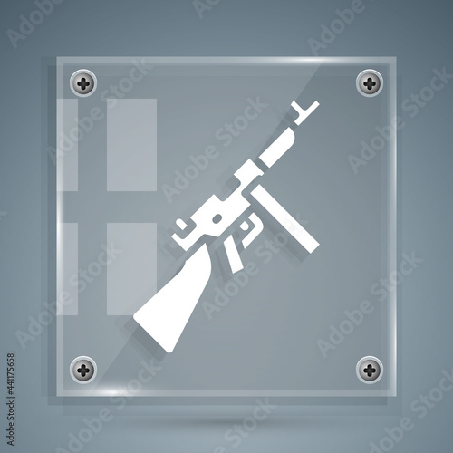 White Thompson tommy submachine gun icon isolated on grey background. American submachine gun. Square glass panels. Vector