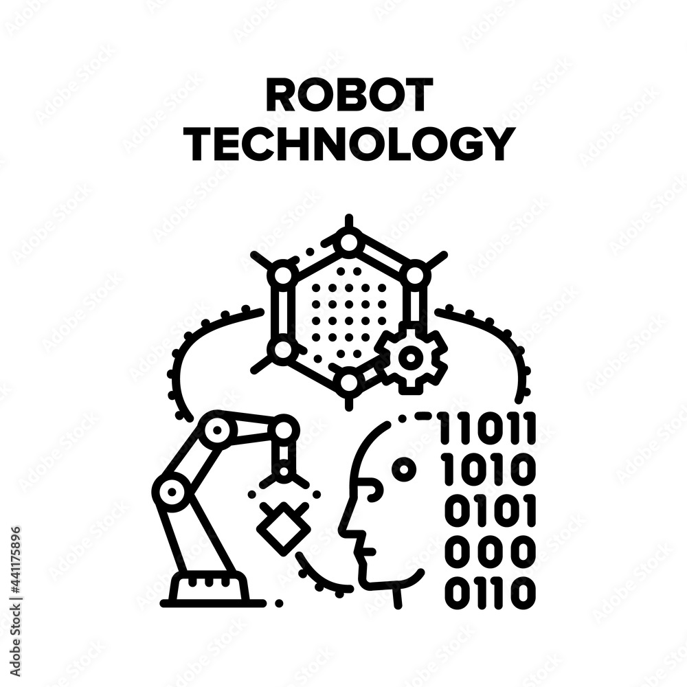 Robot Technology Vector Icon Concept. Robot Technology Developing And Coding, Robotic Arm For Working On Factory Conveyor. Engineering Technological Innovation System Black Illustration