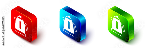 Isometric Electric kettle icon isolated on white background. Teapot icon. Red, blue and green square button. Vector
