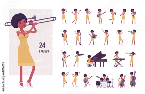 Musician, jazz woman playing musical instruments, character set, pose sequences. Synthesizer, grand piano, guitar, double bass, drum, violin. Full length, different views, gestures, emotions, position