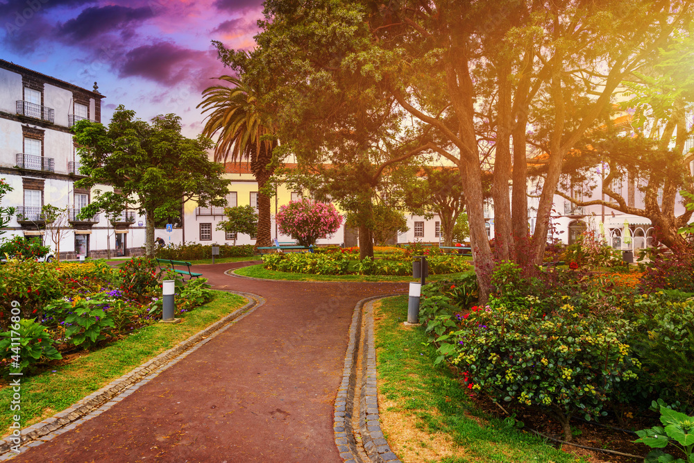 Beautiful Jardim Sena Freita, located in the historic center of Ponta Delgada city on Sao Miguel island. Azores, Sao Miguel, Portugal.