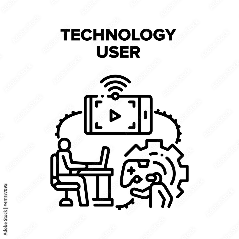 Technology User Vector Icon Concept. Technology User Playing Video Games On Console And Virtual Reality Vr Glasses, Watching Film On Smartphone And Searching Information On Computer Black Illustration