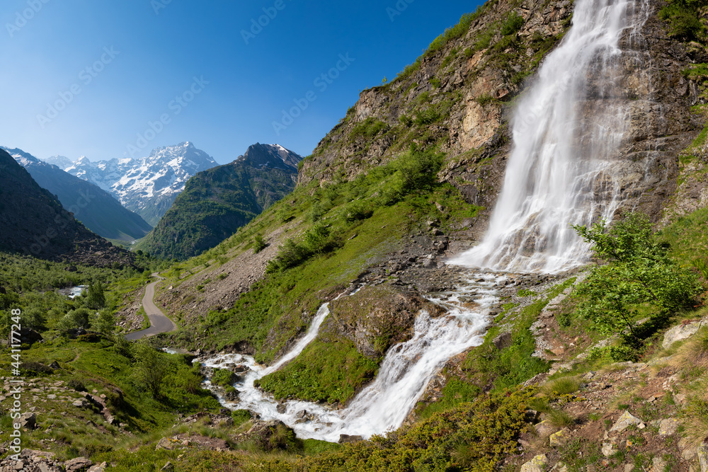 The Ecrins National Park most famous waterfall: Le Voile de La Mariée.  Valgaudemar Valley in Summer, Hautes-Alpes, French Alps, France Stock Photo  | Adobe Stock