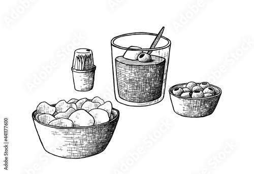 Aperitivo típico español: vermut, patatas chips y olivas. Hora del vermut. Ilustración a tinta photo