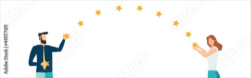 Customer review rating. People give review rating and feedback. Customer choice. Know your client concept. Rank rating stars feedback. Business satisfaction support. Flat vector illustration.