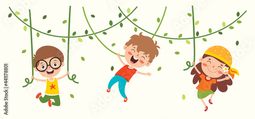Cartoon Illustration Of Happy Character Swinging