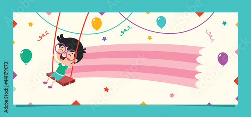 Cartoon Illustration Of Happy Character Swinging