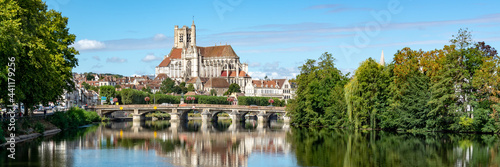 Panorama of the Yonne river and the church of Auxerre in Burgundy, France