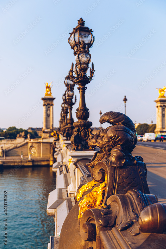 Fototapeta premium Pont Alexandre III bridge over river Seine in the sunny summer morning. Bridge decorated with ornate Art Nouveau lamps and sculptures. The Alexander III Bridge across Seine river in Paris, France.