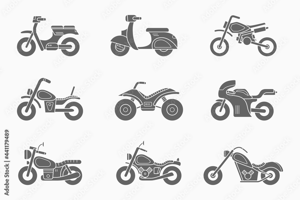 Naklejka premium Motorbike Icons set - Vector silhouettes of motorcycle, bike, chopper, scooter and other transportation for the site or interface