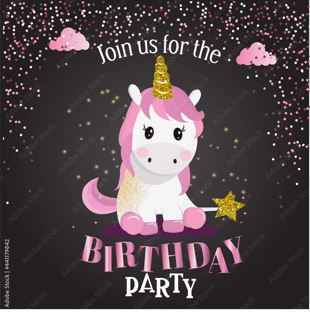 Beautiful party invitation with white unicorn, clouds, stars and magic wand