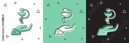 Set Caduceus snake medical symbol icon isolated on white and green, black background. Medicine and health care. Emblem for drugstore or medicine, pharmacy. Vector