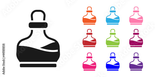 Black Bottle with potion icon isolated on white background. Flask with magic potion. Happy Halloween party. Set icons colorful. Vector