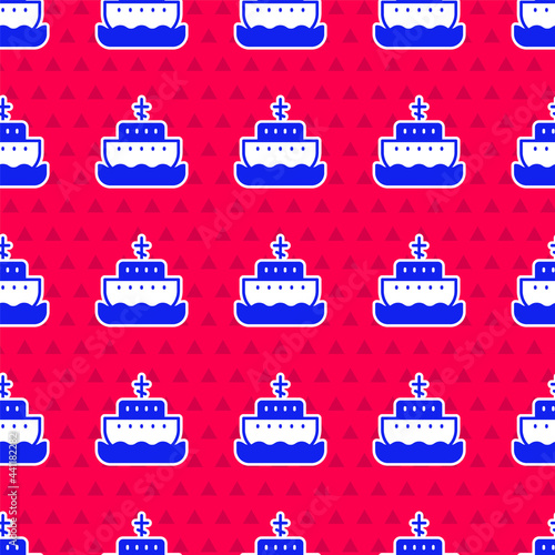 Blue Ark of noah icon isolated seamless pattern on red background. Wood big high cargo. Vector