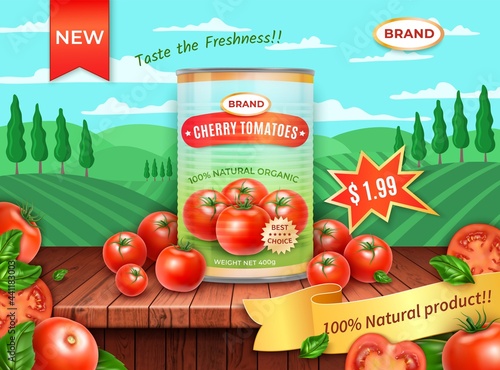 Realistic Detailed 3d Canned Cherry Tomatoes Ads Banner Concept Poster Card. Vector