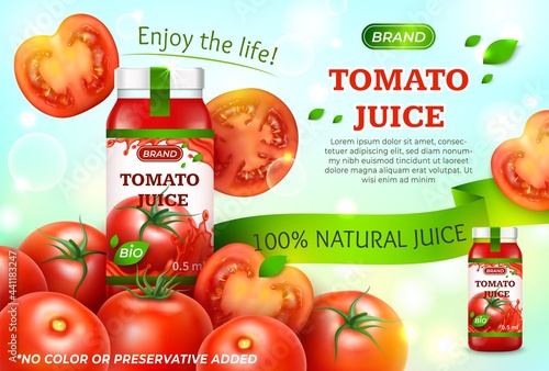 Realistic Detailed 3d Natural Tomato Juice Ads Banner Concept Poster Card. Vector