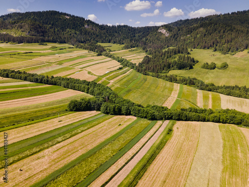 Aerial Drone View Over Agriculture Crop Fields and Mountains