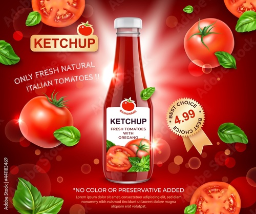 Realistic Detailed 3d Ketchup Fresh Tomatoes with Oregano Ads Banner Concept Poster Card. Vector