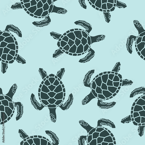 Fotografie, Obraz seamless pattern with sea turtles on blue background
