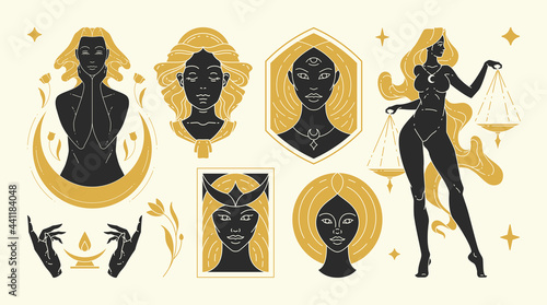 Magic woman vector illustrations of graceful feminine women and esoteric symbols set