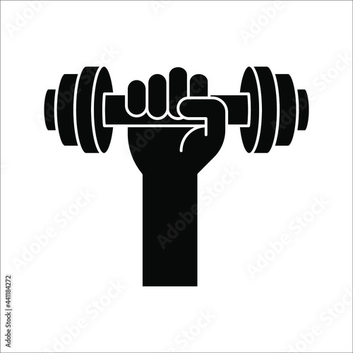 Hand grasping dumbbell vector illustration, fitness logo template on white background. color editable