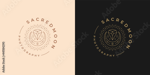 Magic moon crescent with diamond logo emblem design template vector illustration in minimal line art style.