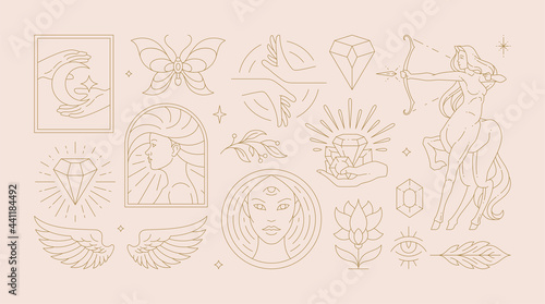 Magic woman boho vector illustrations of graceful feminine women and esoteric symbols set.