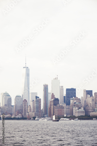 USA, NEW YORK: Scenic cityscape of Lower Manhattan skyscrapers from the water 