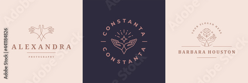 Feminine logos emblems design templates set with female hands gestures vector illustrations minimal linear style.
