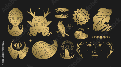 Magic woman boho vector illustrations of graceful feminine women and esoteric symbols set