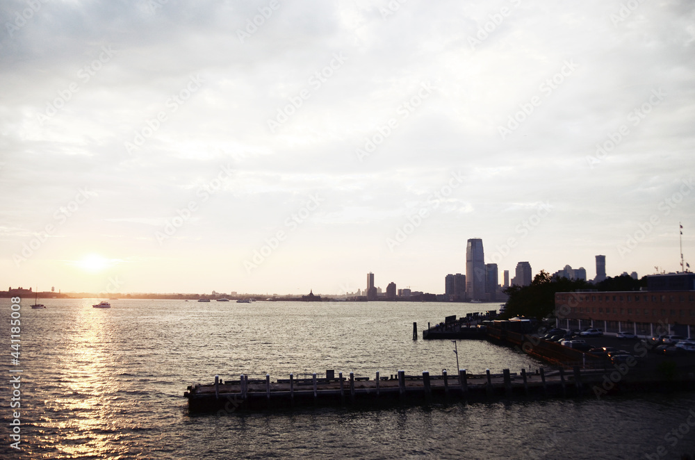 USA, NEW YORK: Scenic cityscape of Lower Manhattan skyscrapers from the water 