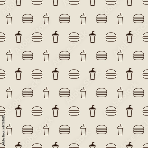 seamless pattern hamburger and coffee spoon for background, restaurant decoration, fabric motif, product packaging, texture, wallpaper