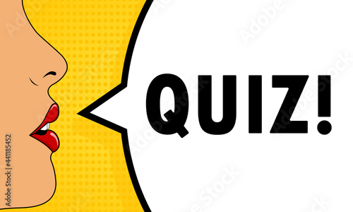 Quiz. Female mouth with red lipstick screaming. Speech bubble with text Quiz. Retro comic style. Can be used for business, marketing and advertising. Vector EPS 10