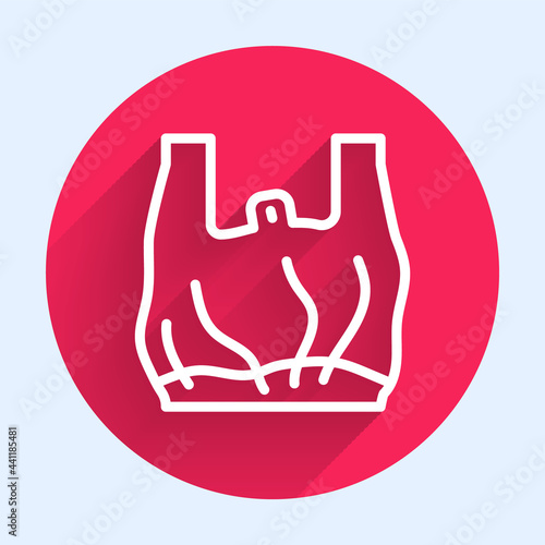 White line Say no to plastic bags poster icon isolated with long shadow. Disposable cellophane and polythene package prohibition sign. Red circle button. Vector